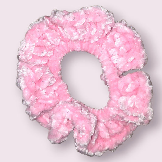 Sparkle Pink Velour Crochet Scrunchie