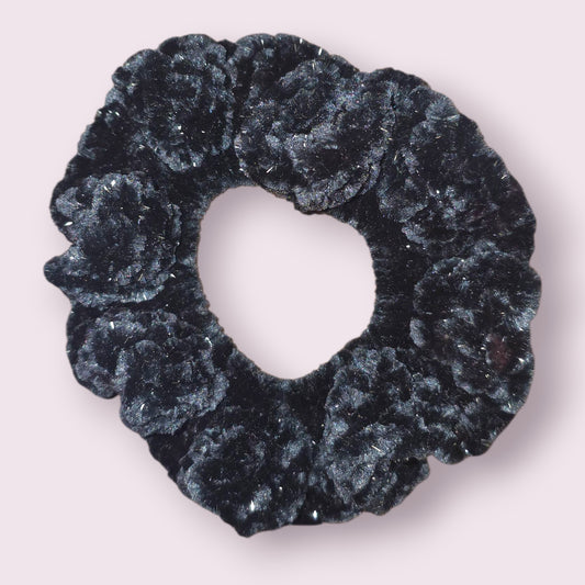 Sparkle Black Velour Crochet Scrunchie