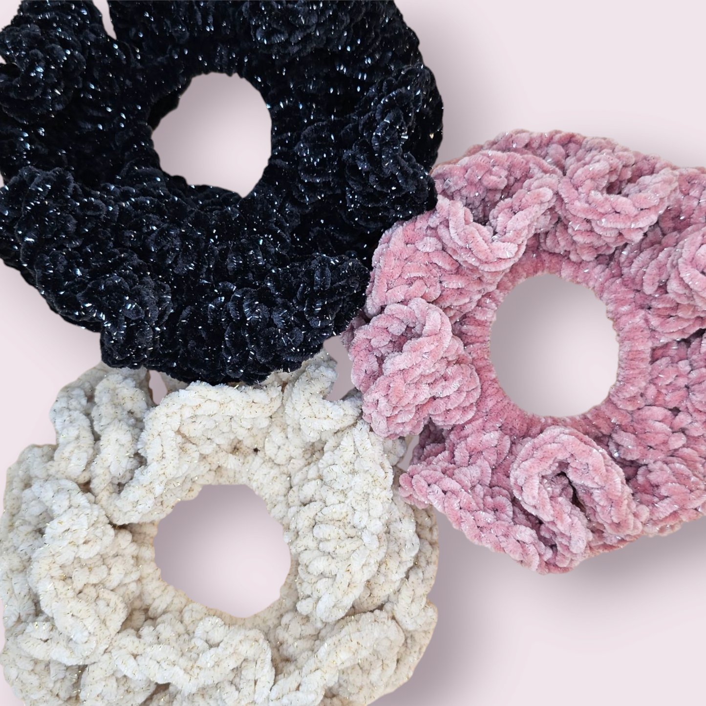 Sparkle Cream Velvet Crochet Scrunchie